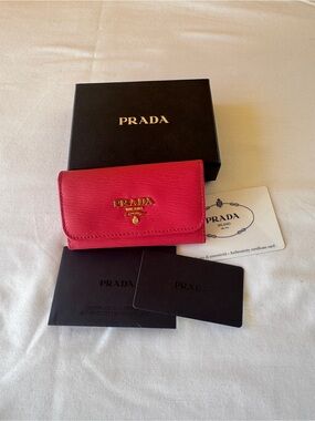 Prada Hot Pink Saffiano Leather Key & Card Holder with Gold Logo
